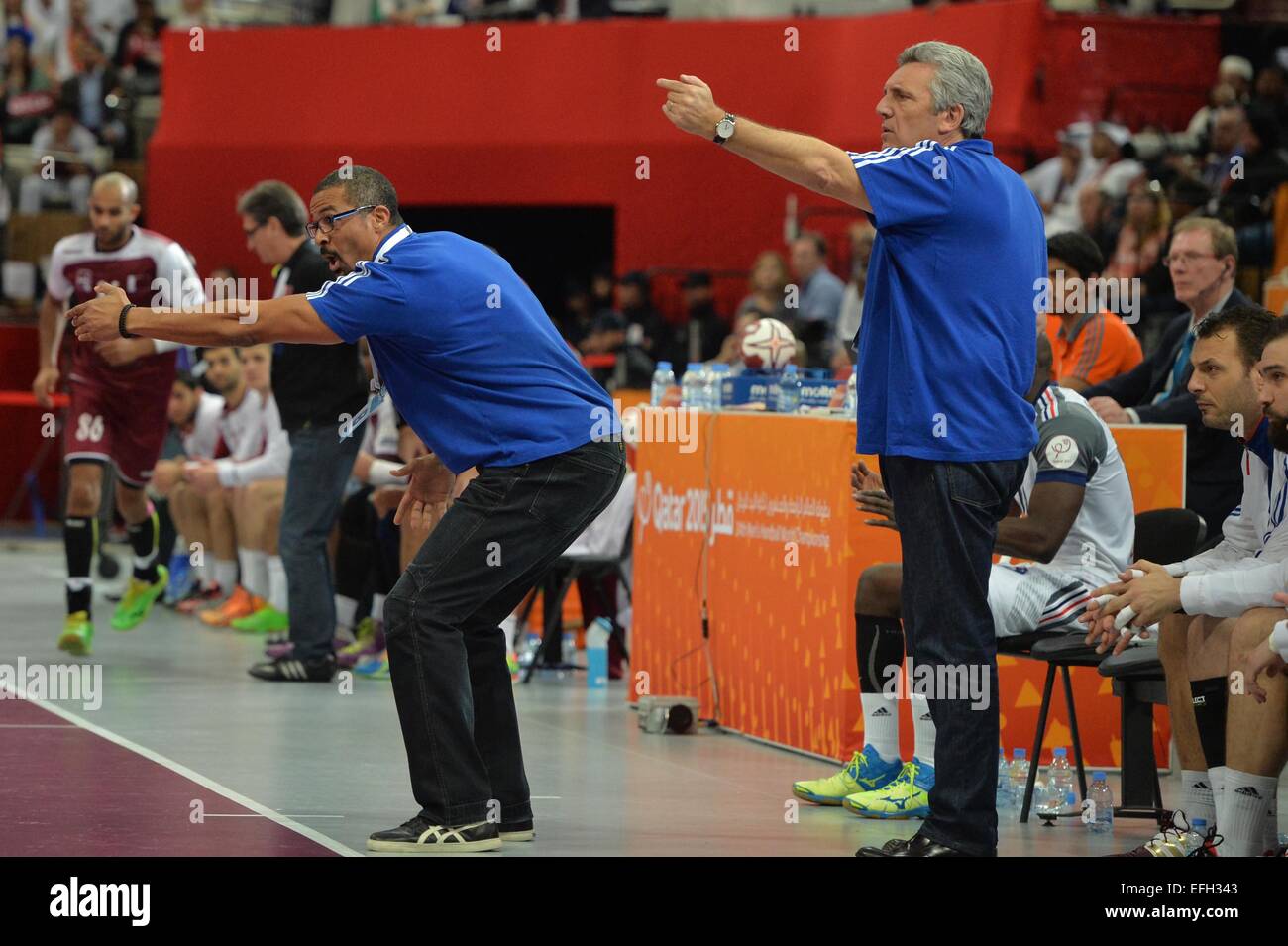 01.02.2015. Qatar, UAE. IHF Mens World Championships Handball final. Qatar versus France.  Didier Dinart and Claude Onesta French coaches France beat Qatar in the final by a score of 25-22. Stock Photo