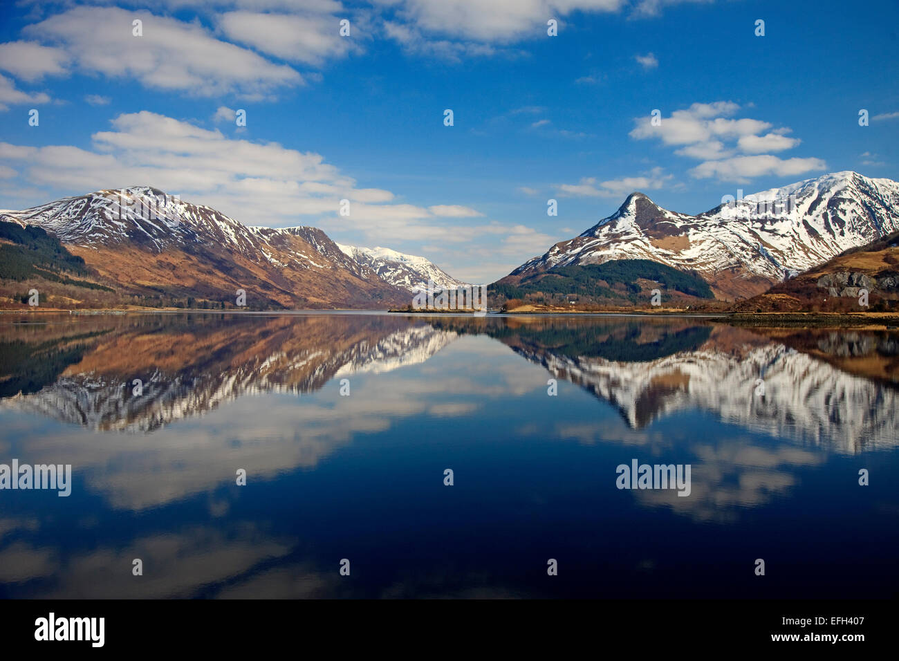 Peaceful reflections of the Glencoe hills, Loch leven Stock Photo