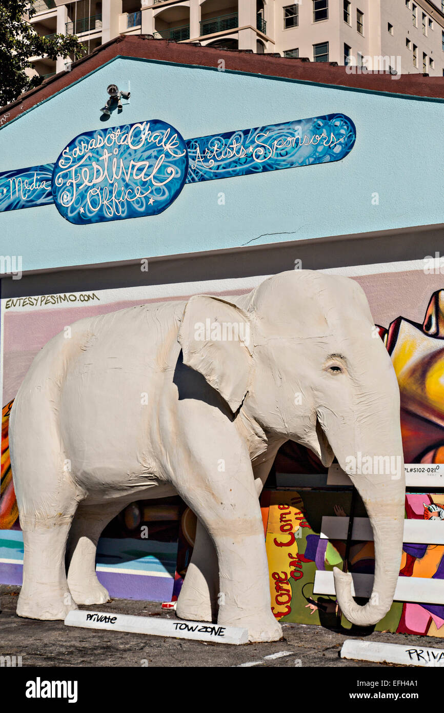 An elephant sculpture outside the Chalk Art Festival offices in the trendy neighborhood of Burns Square in downtown Sarasota, Florida. Stock Photo