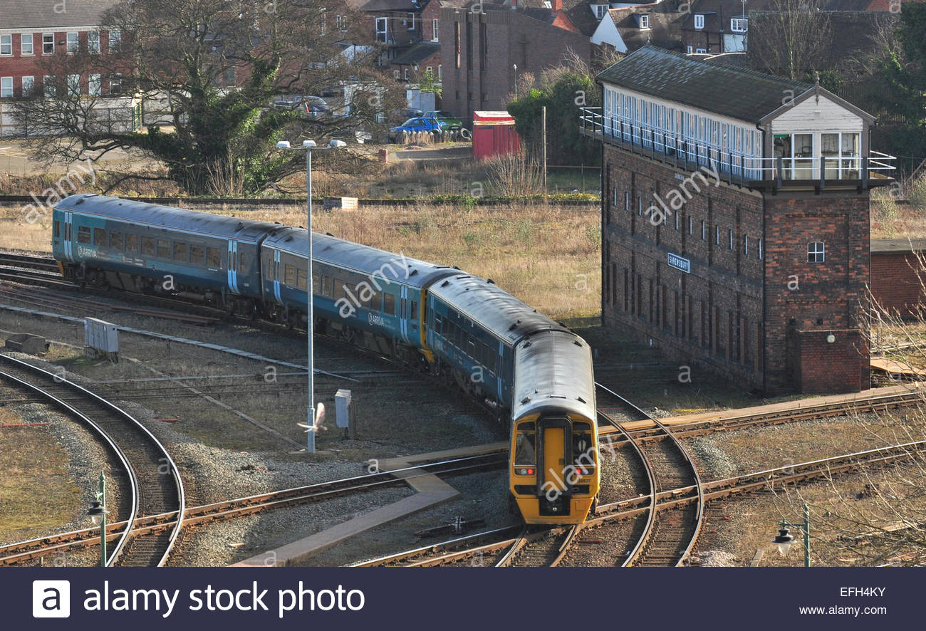 A train passing the Severn Junction signal box at Shrewsbury railway ...