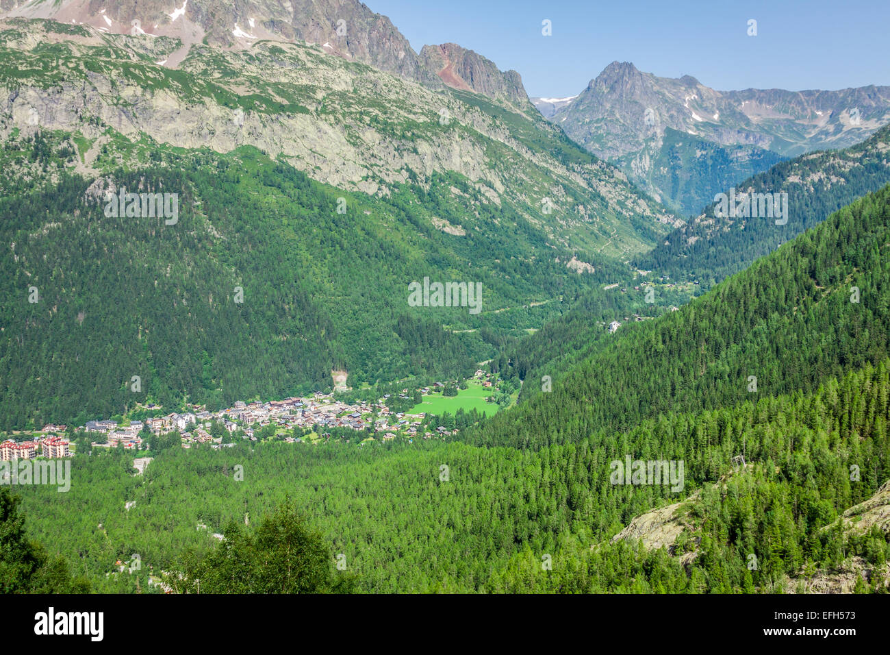 Hiking to Argentiere glacier with the view on the massif des Aiguilles Rouges in French Alps Stock Photo