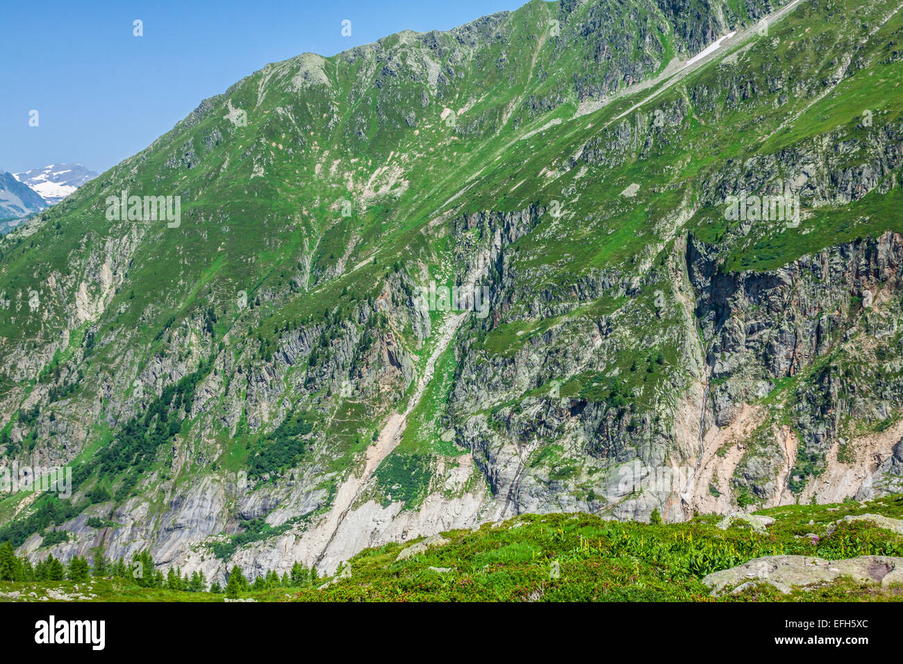 Hiking to Argentiere glacier with the view on the massif des Aiguilles Rouges in French Alps Stock Photo