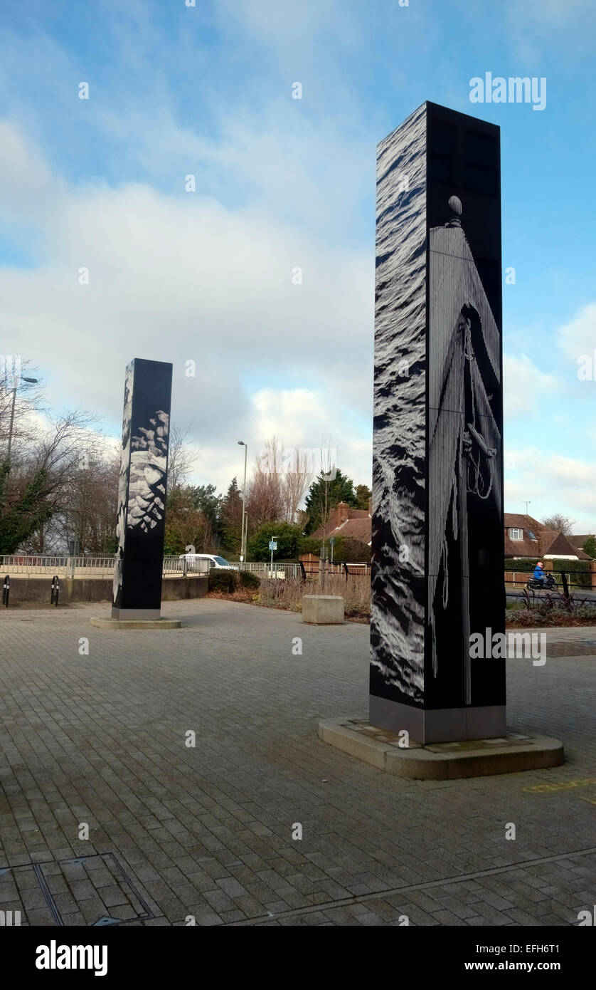Waterlooville granite obelisks at the Northern end of the shopping precinct Stock Photo
