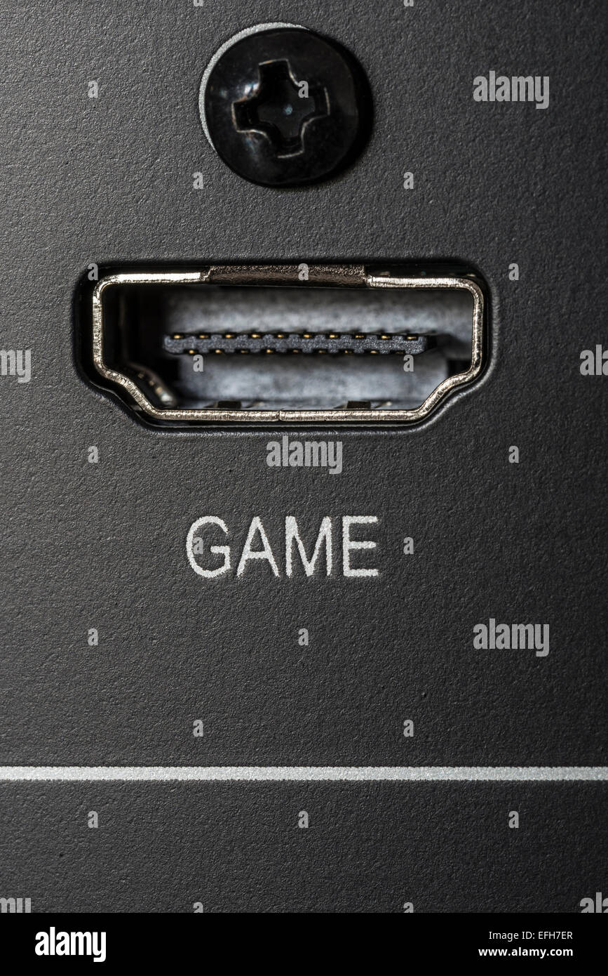 Closeup of HDMI input with the name of game Stock Photo - Alamy