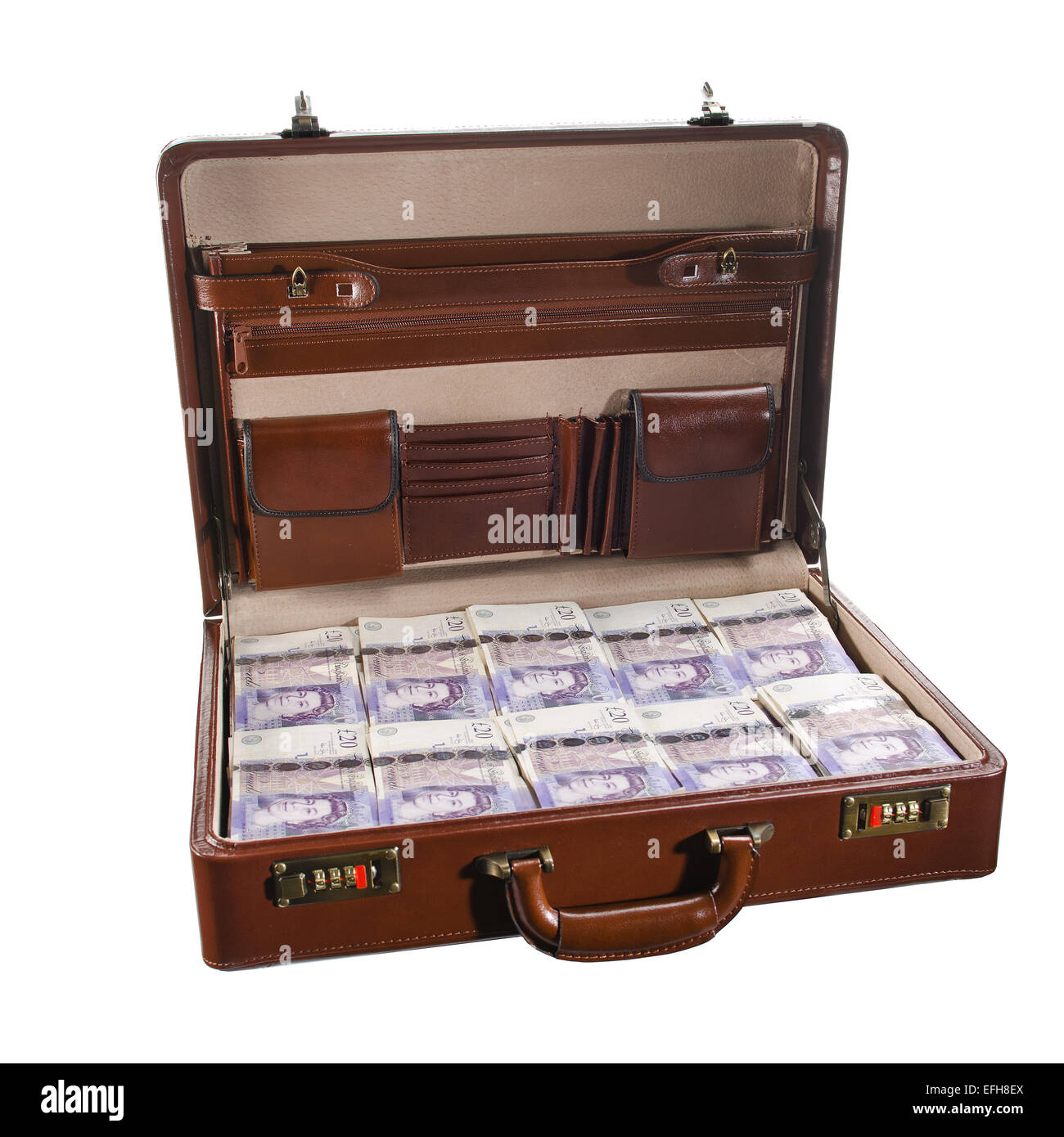Attache case or briefcase full of UK British banknotes on a white  background Stock Photo - Alamy