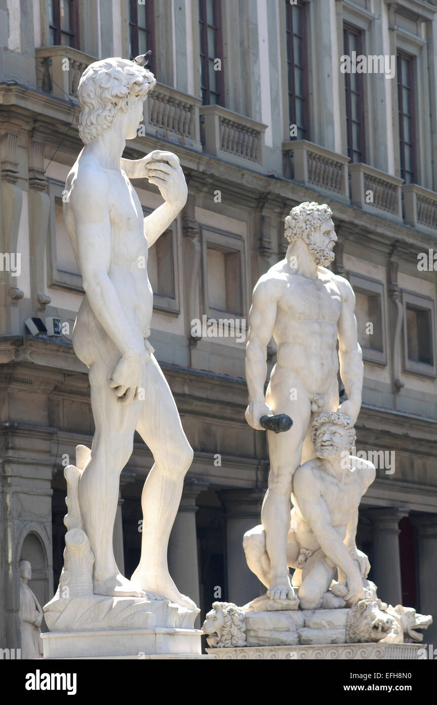 Italy, Tuscany, Firenze , Piazza della Signoria Square, David, artist Michelangelo Buonarroti background Hercules and Cacus Stock Photo