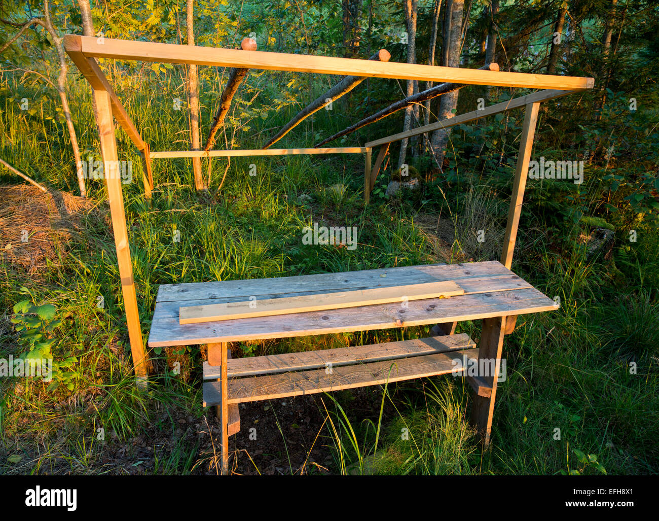 Rudimentary wooden table and chair and frame to make a waterproof