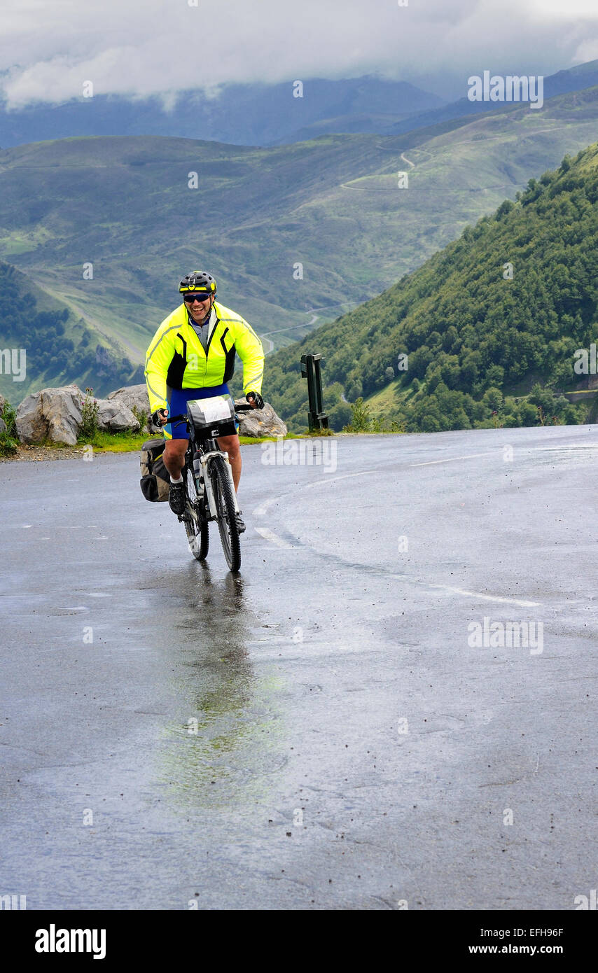 One cyclist on Col d'Aubisque (1709m), Pyrenees (France). Stock Photo