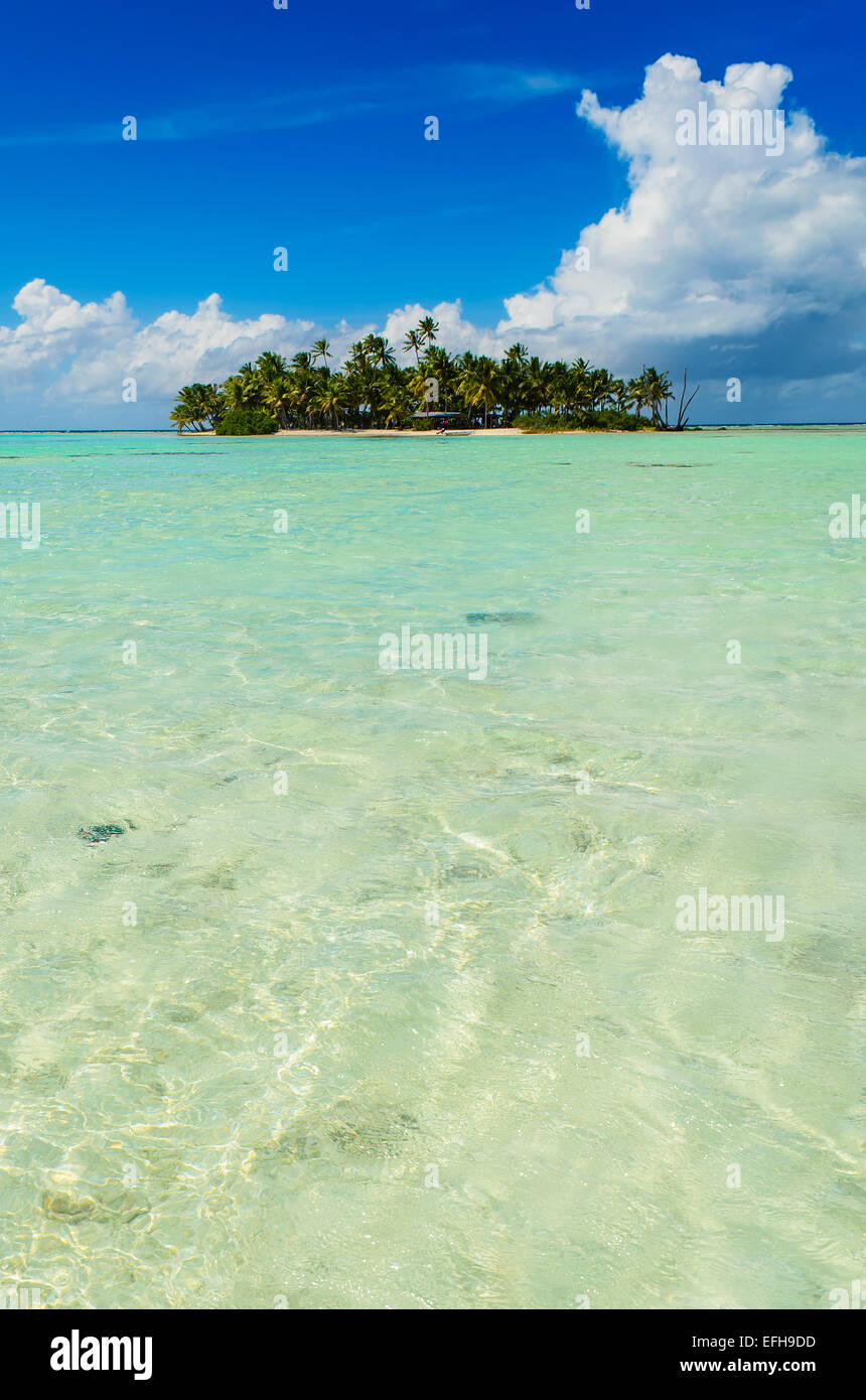 Uninhabited or desert island in the Blue Lagoon inside Rangiroa atoll, an island of the Tahiti archipelago French Polynesia. Stock Photo