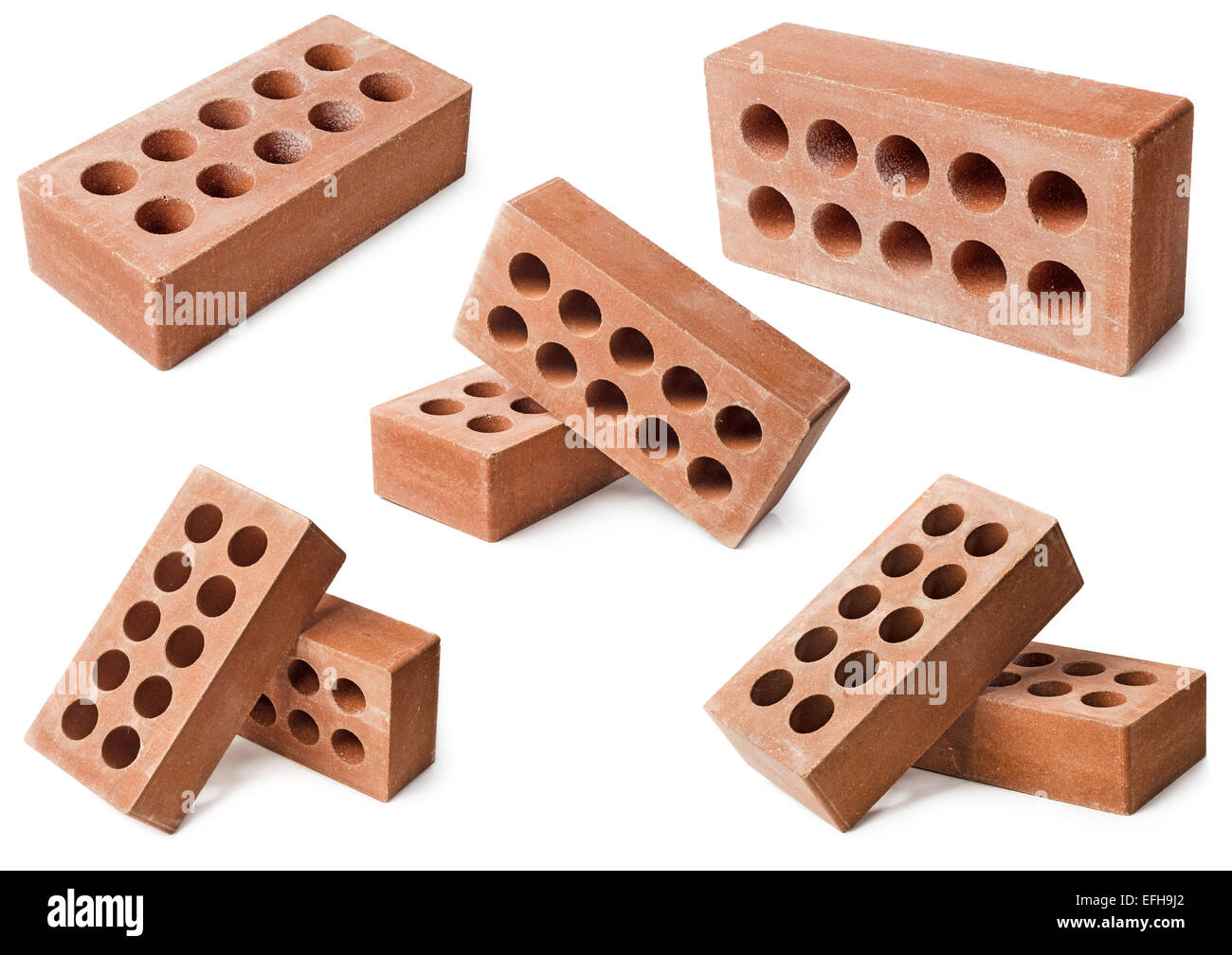 Set of red bricks used in construction and home building. Isolated on