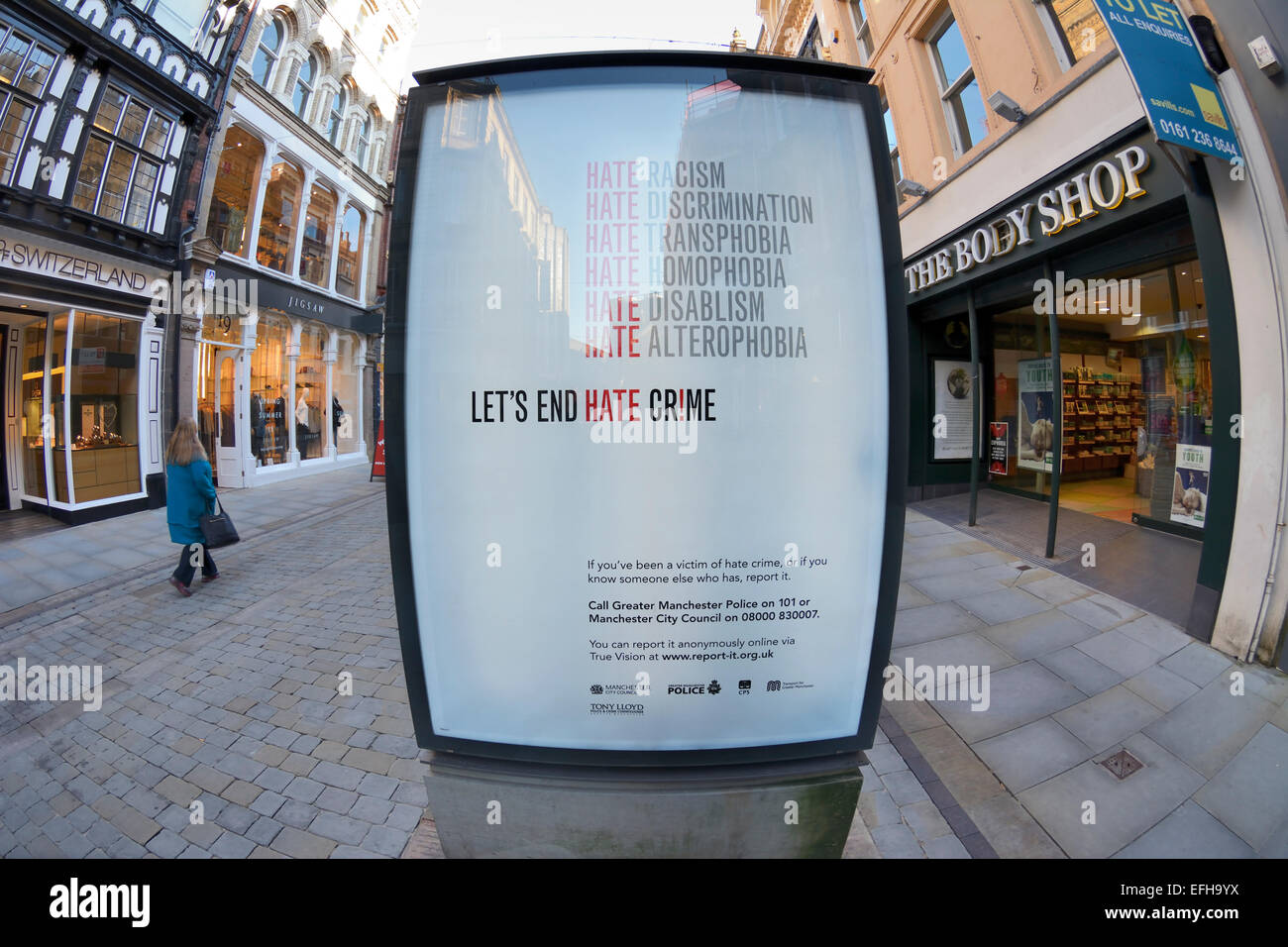 Illuminated sign against 'hate rimes' in King Street, Manchester. Stock Photo