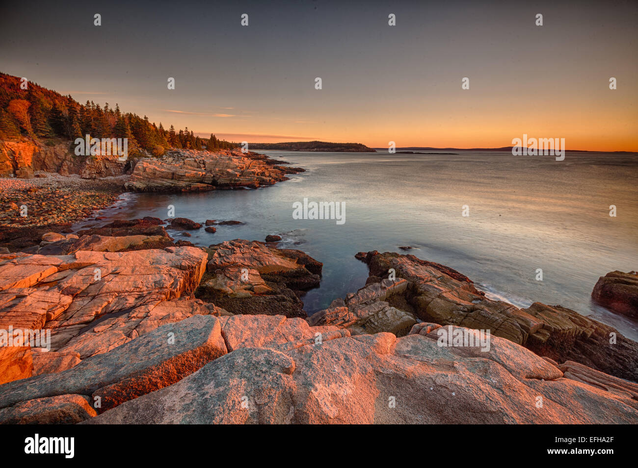 Sunrise above Monument Cove, Acadia National Park, Maine, USA Stock Photo
