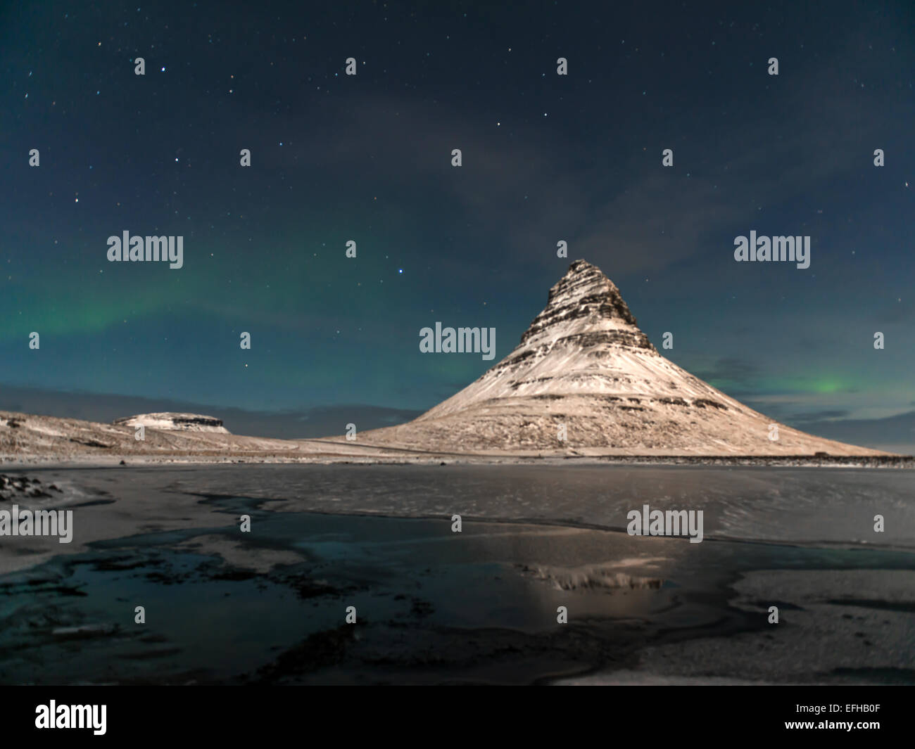 Icelandic scene depicting Kirkjufell and the stars in the northern hemisphere at night. Kirkjufellsa, Grundarfjordur, Iceland. Stock Photo