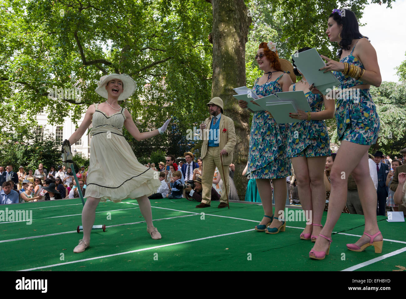 The 10 Anniversary of the Chap Olympiad. A sartorial gathering of chaps and chapesses in Bloomsbury London. Various Chap sports are held at a picnic in the square. This event is the Well Dressage competition, London, England Stock Photo