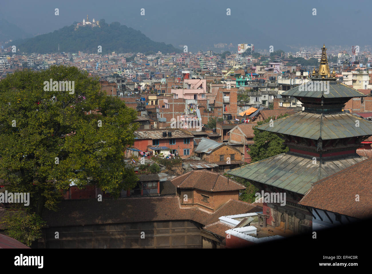 Looking out to Durbar Square from the top of the Royal Palace, Kathmandu, Kathmandu Valley, Nepal Stock Photo