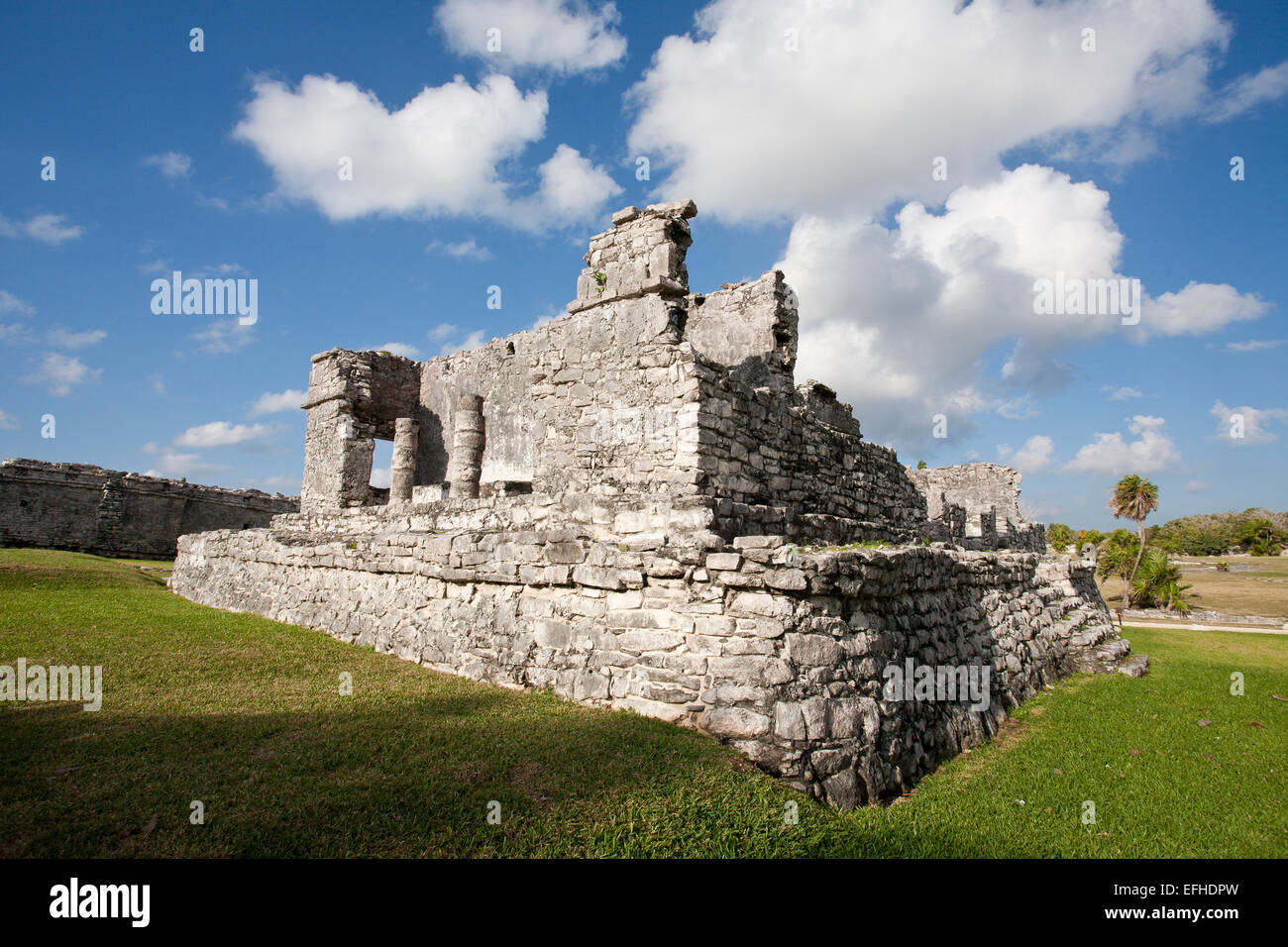 The Great Palace at Tulum ruins. A platform and some surviving columns of the Great Palace at tulum. Stock Photo