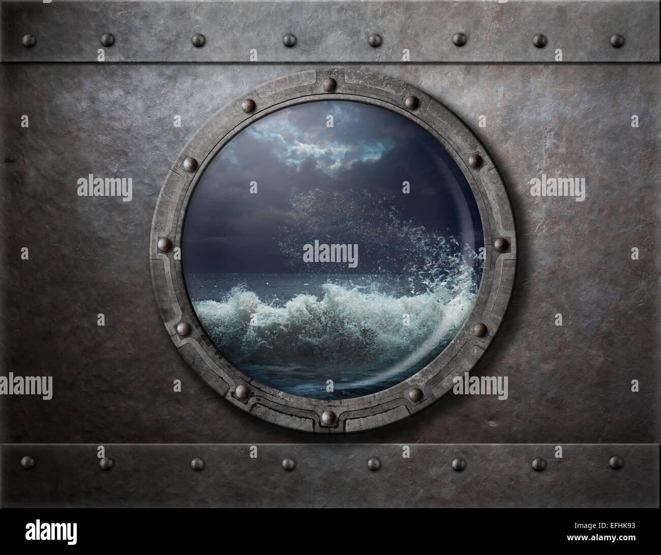 old ship metal porthole or window with sea storm Stock Photo