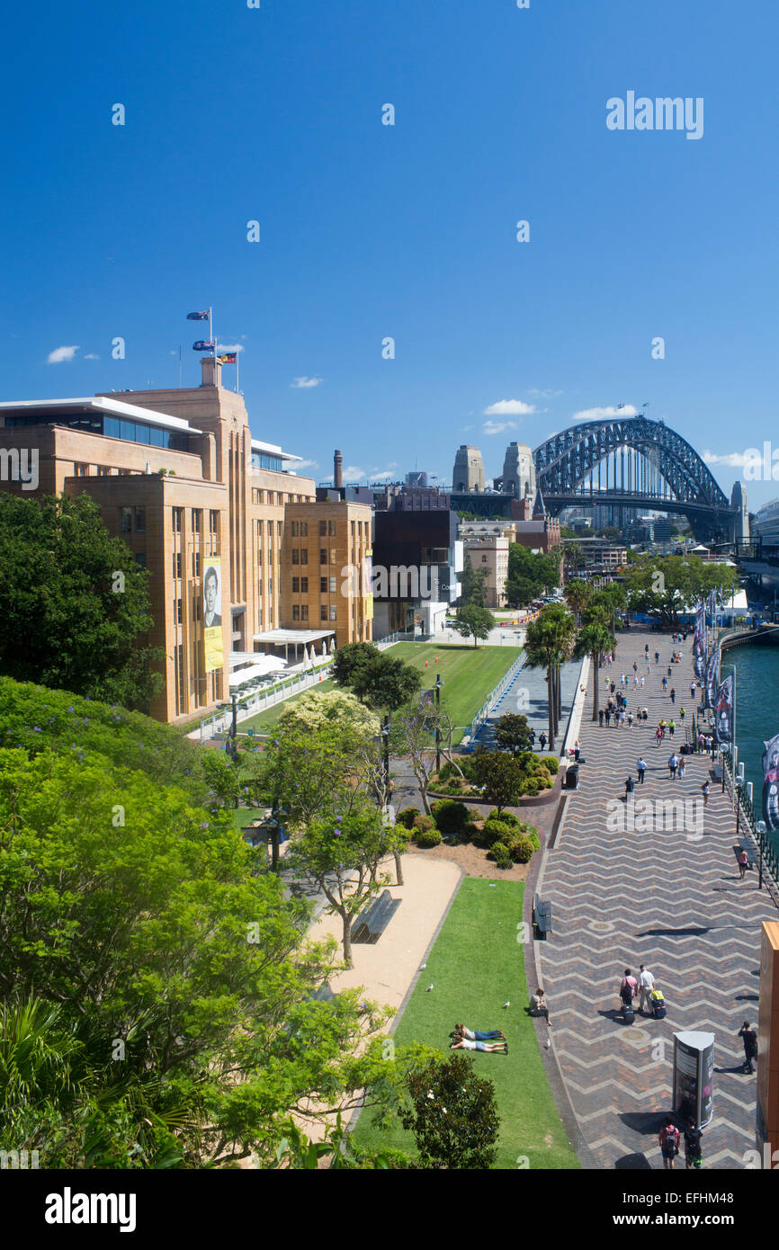 Museum of Contemporary Art Circular Quay waterfront and Sydney Harbour Bridge Sydney Cove Sydney New South Wales NSW Australia Stock Photo