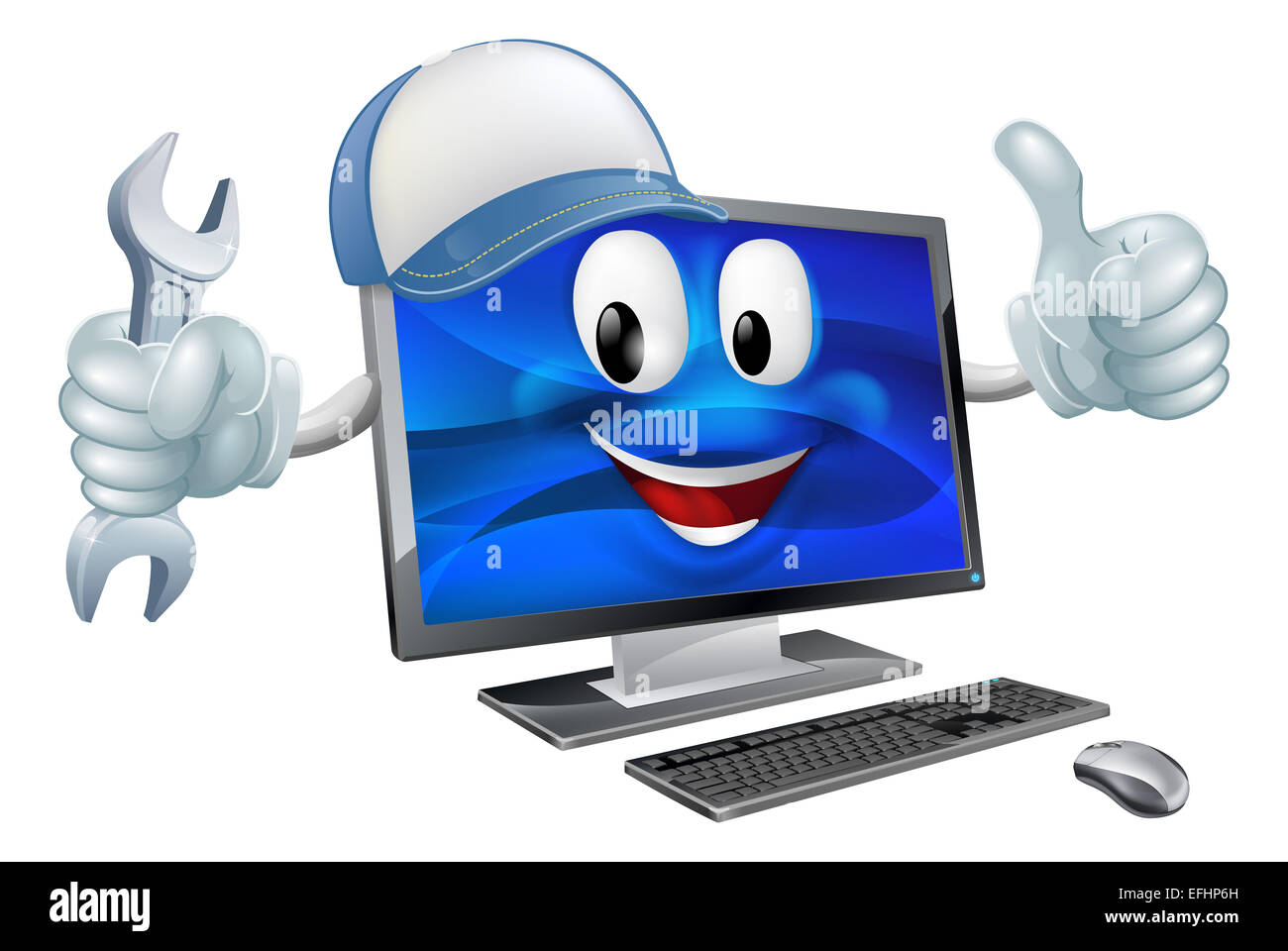 A computer charcter mascot wearing a baseball cap and holding a  spanner while doing a thumbs up Stock Photo