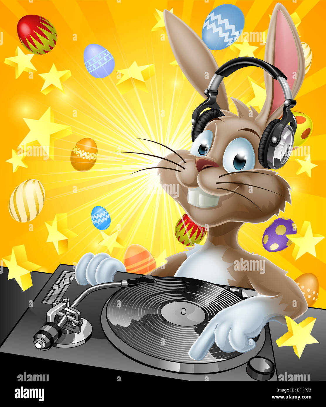 A cartoon Easter Bunny DJ with headphones on at the record decks with