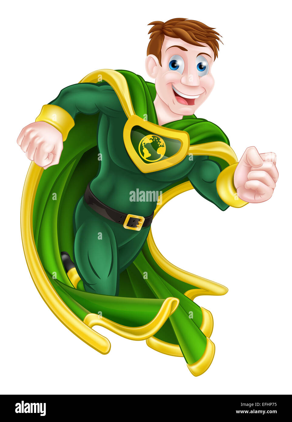A cartoon superhero character running with a green cape and costume and an earth globe symbol on his chest Stock Photo