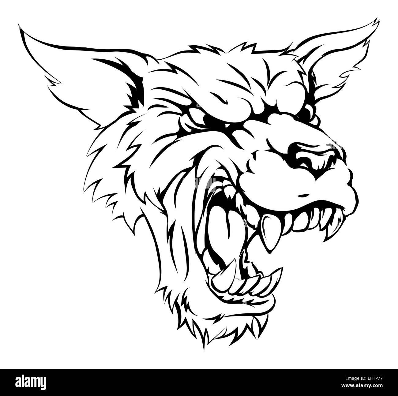 Mean looking werewolf or wolf character roaring and snarling in black and white Stock Photo