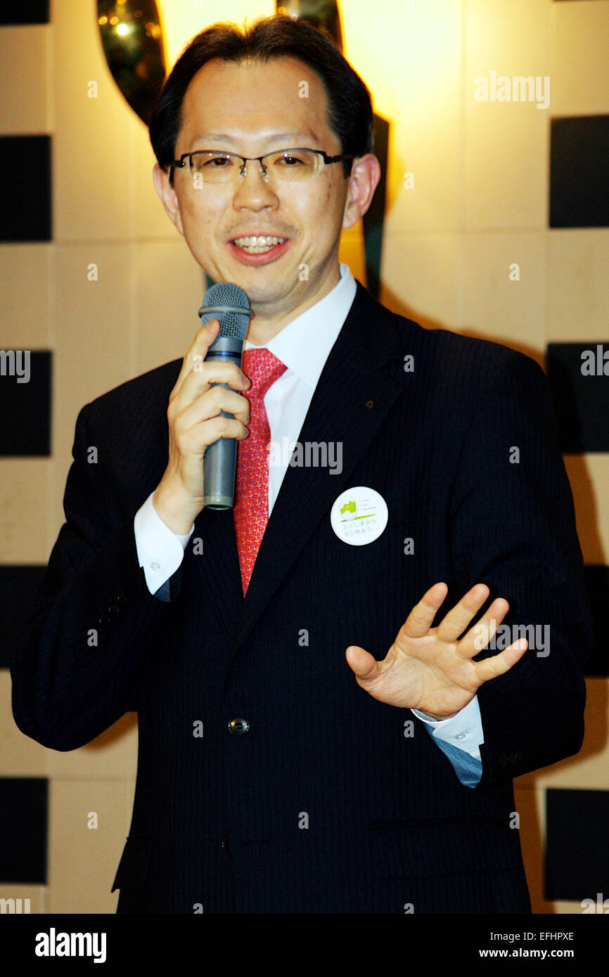Masao Uchibori, February 5, 2015, Tokyo, Japan : Masao Uchibori, Governor of Fukushima Prefecture, speaks about the progress made by the economic revitalization program since the nuclear and tsunami disasters of 2011 at the Foreign Correspondents' Club of Japan. Uchibori emphasized that the priority projects were rebuilding towns, promoting citizen's health and the agricultural, fishery and technology industries. One of the goals of the Fukushima is to cover 100% of its energy demand through renewable energy by 2040. It is working in collaboration with NRW State (Nordhein-Westfallen State) of Stock Photo