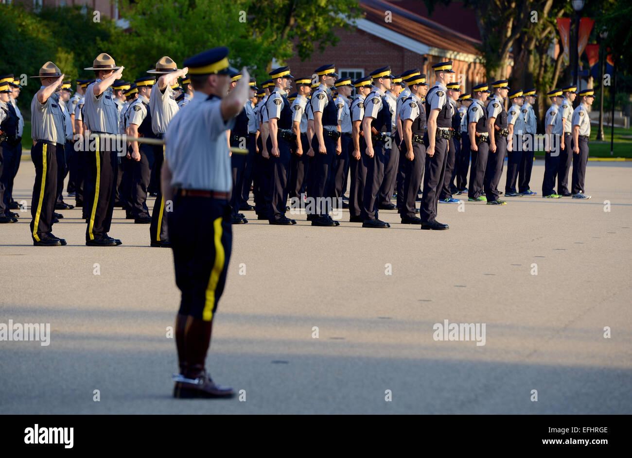 Cadets training on Parade square at Royal Canadian Mounted Police Depot, RCMP training academy in Regina, Saskatchewan, Canada Stock Photo