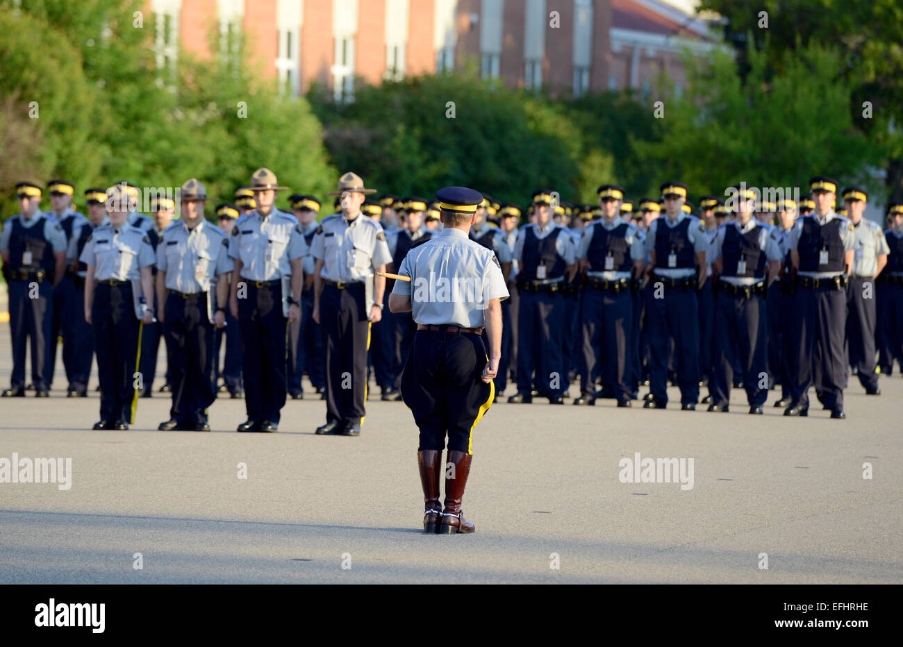 Cadets training on Parade square at Royal Canadian Mounted Police Depot, RCMP training academy in Regina, Saskatchewan, Canada Stock Photo