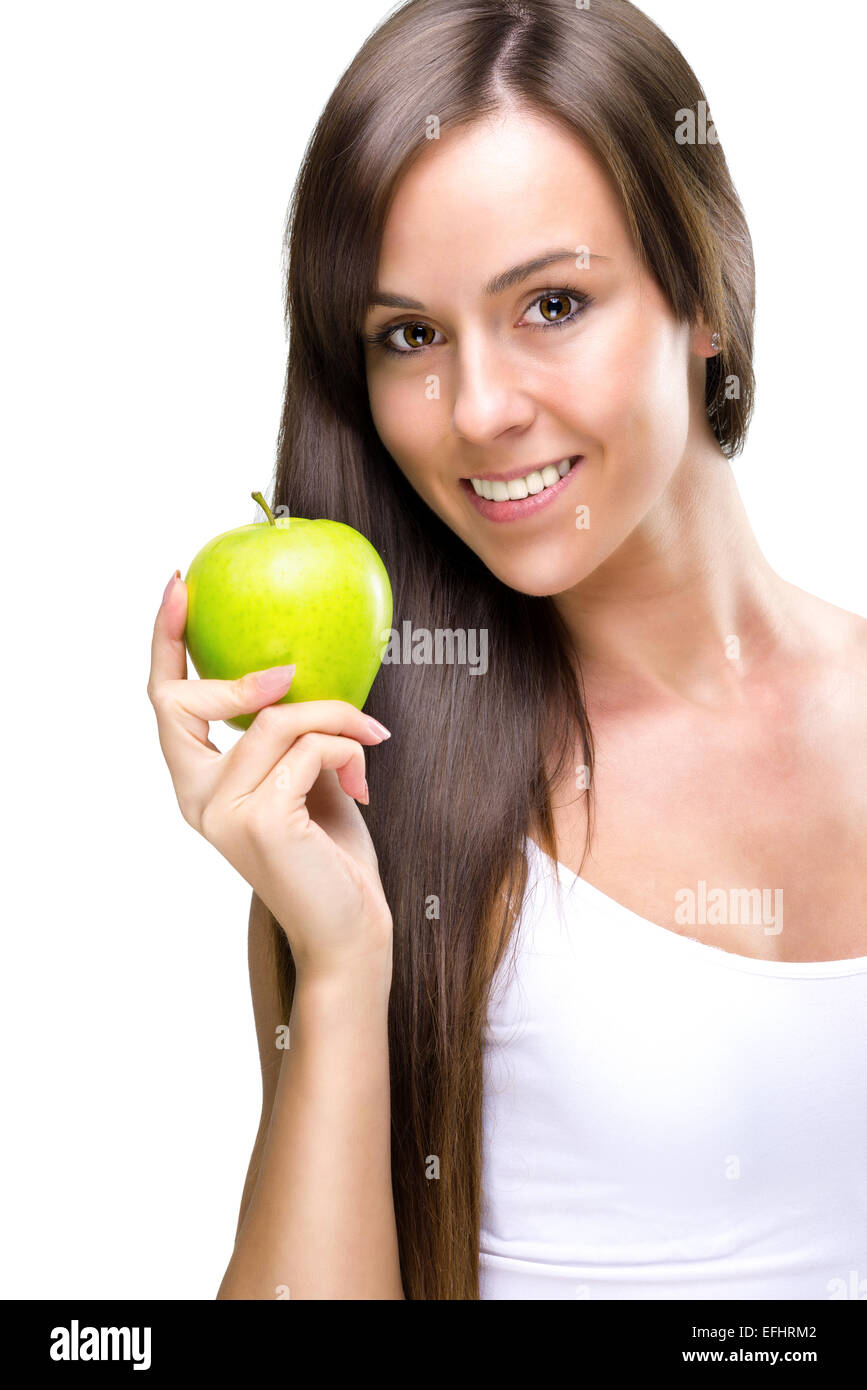 Healthful eating-Beautiful natural woman holds an apple Stock Photo