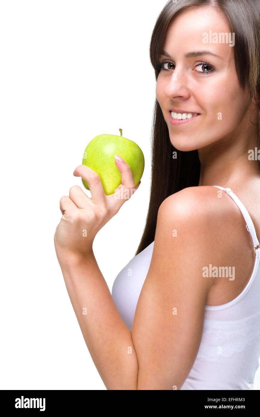 Healthful eating-Beautiful natural woman holds an apple Stock Photo