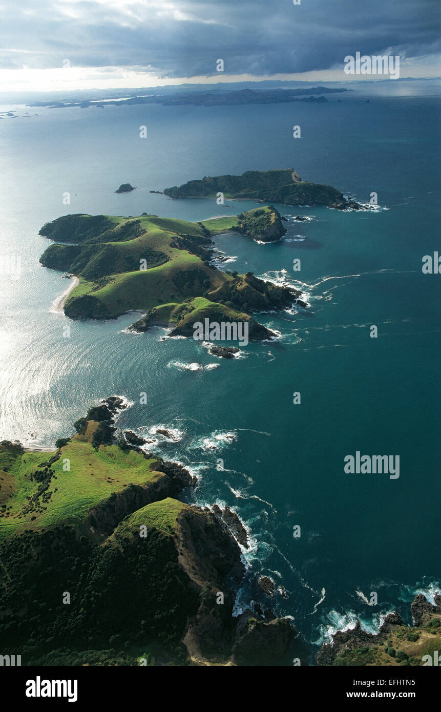 Aerial view of Bay of Islands after rainfall, North Island, New Zealand Stock Photo