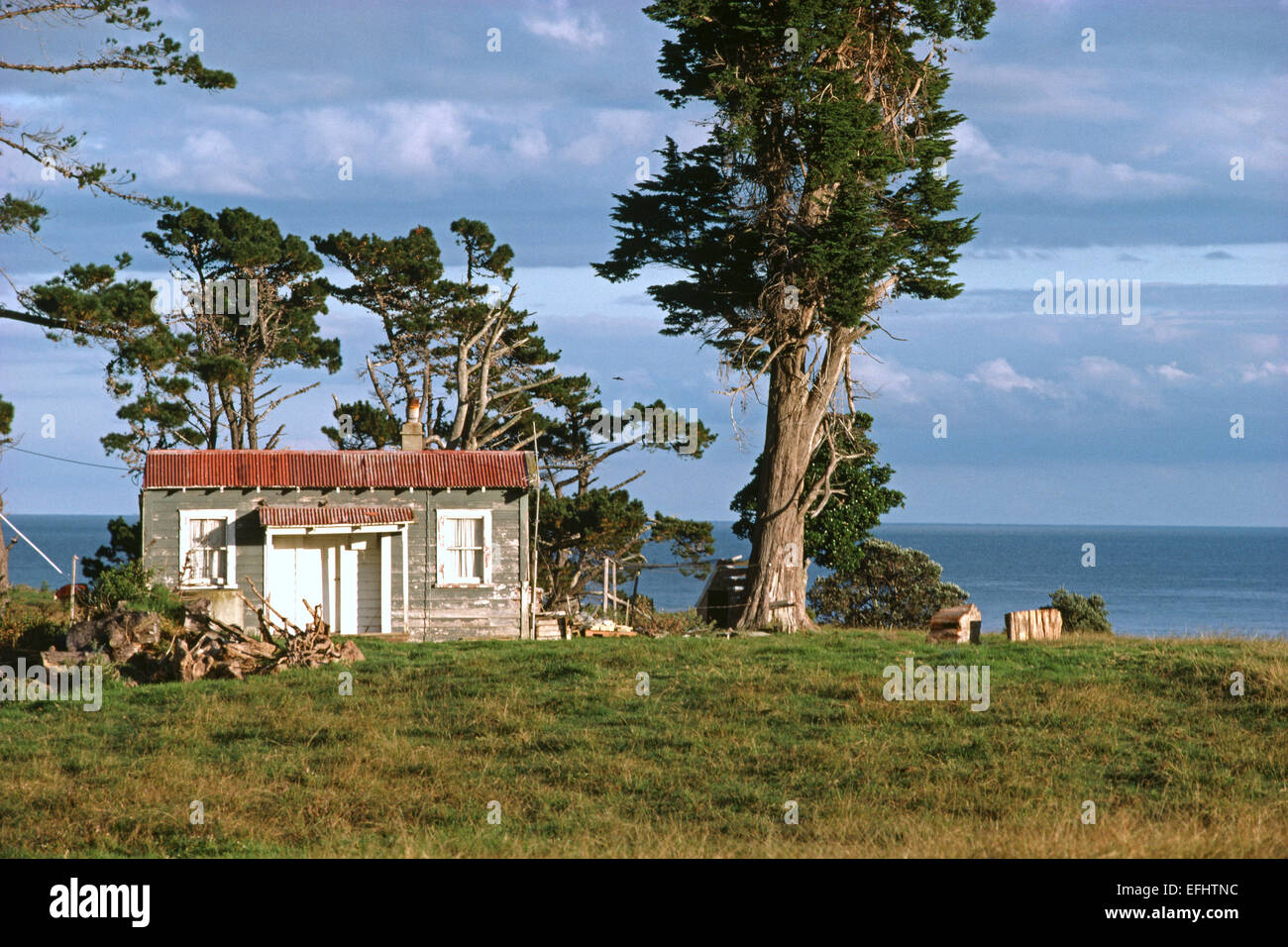 Old pioneer house by the sea, East Cape, North Island, New Zealand Stock Photo
