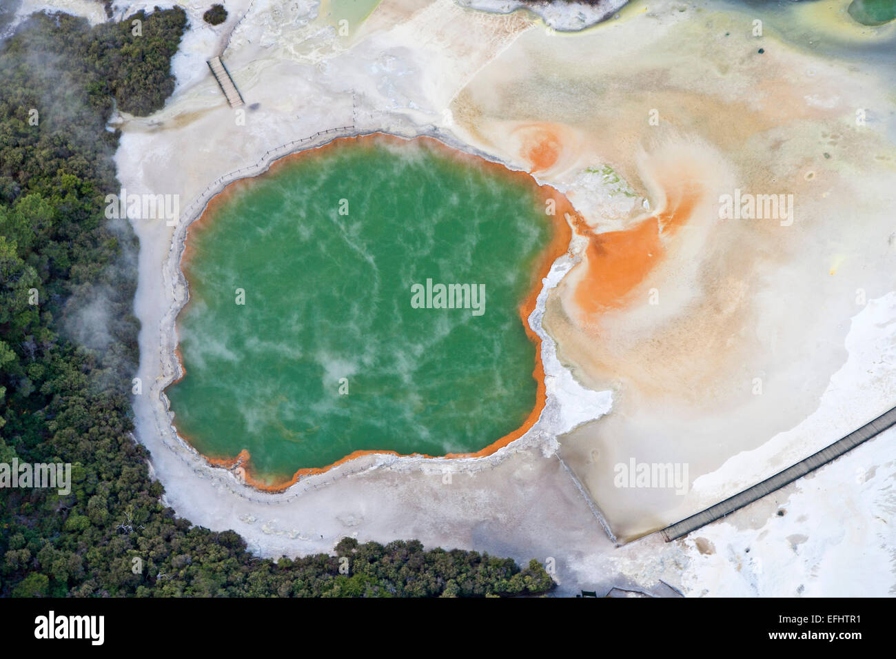 Aerial view of Champagne Pool, geothermal pool with carbon-dioxide bubbles, Minerals give the pool its extreme colouring, Waio-t Stock Photo