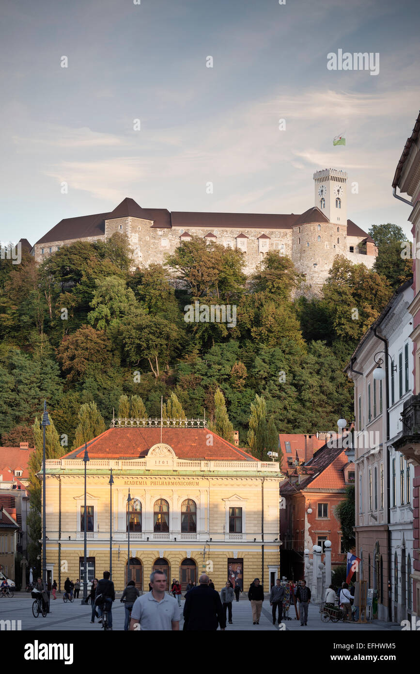 Cityview with opera and castle on hill, landmark of capital Ljubljana, Slovenia Stock Photo