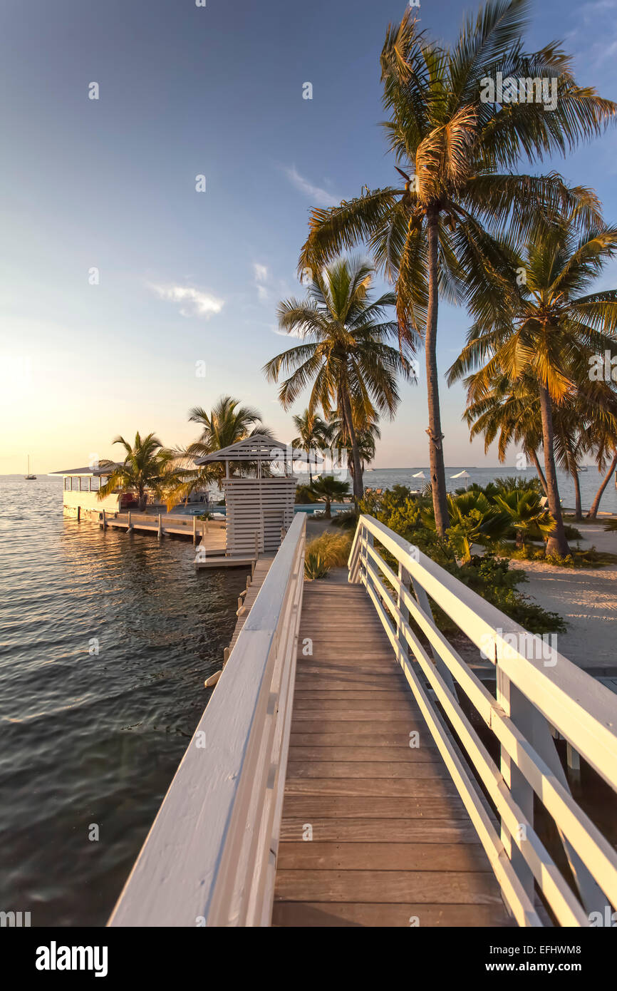 Wooden bridge leading to sandy island, Hotel Resort Casa Morada, Islamorada, Florida Keys, Florida, USA Stock Photo
