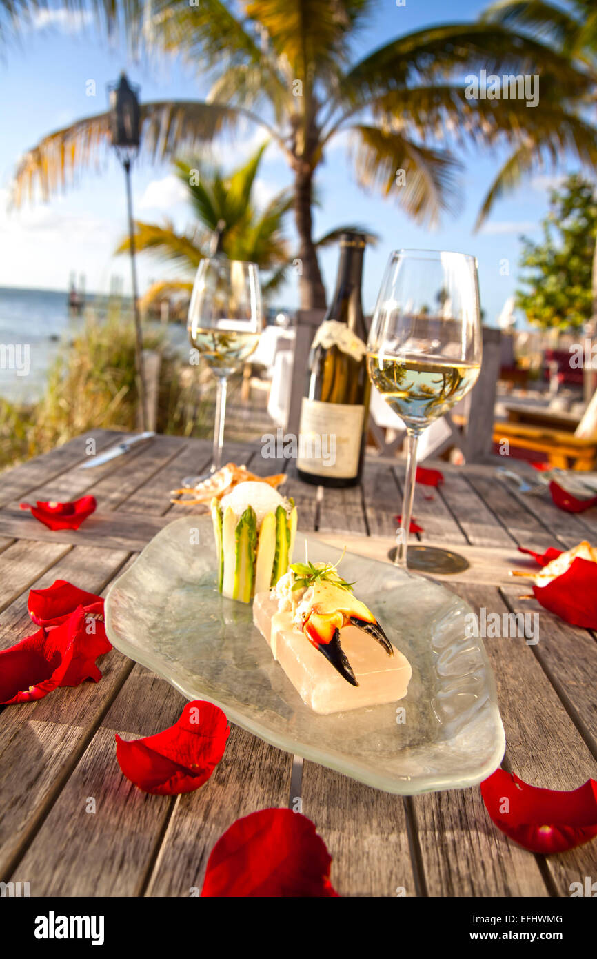 Florida lobster salad with asparagus and spicy aioli lemon grass foam, Restaurant DINING ROOM, Little Palm Island Resort, Florid Stock Photo