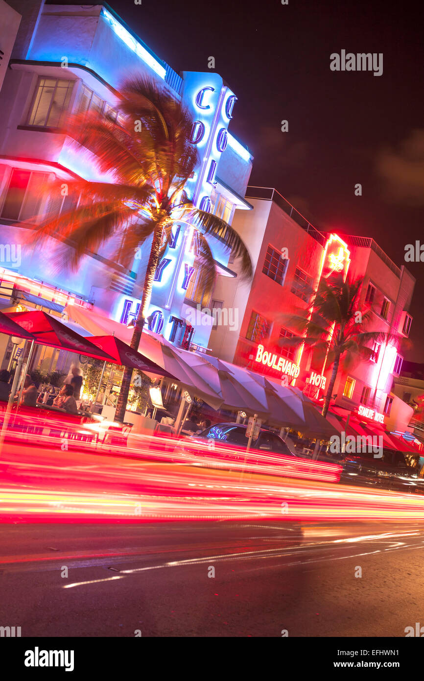 Ocean Drive at night with design hotel Colony, Art Deco District, South Beach, Miami, Florida, USA Stock Photo