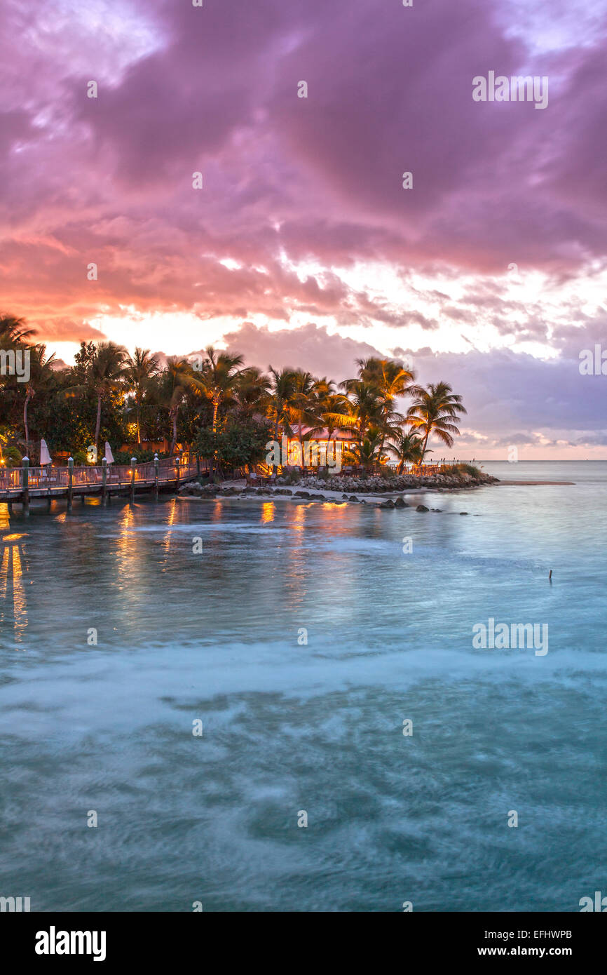 Restaurant DINING ROOM after sunset, Little Palm Island Resort, Florida Keys, USA Stock Photo