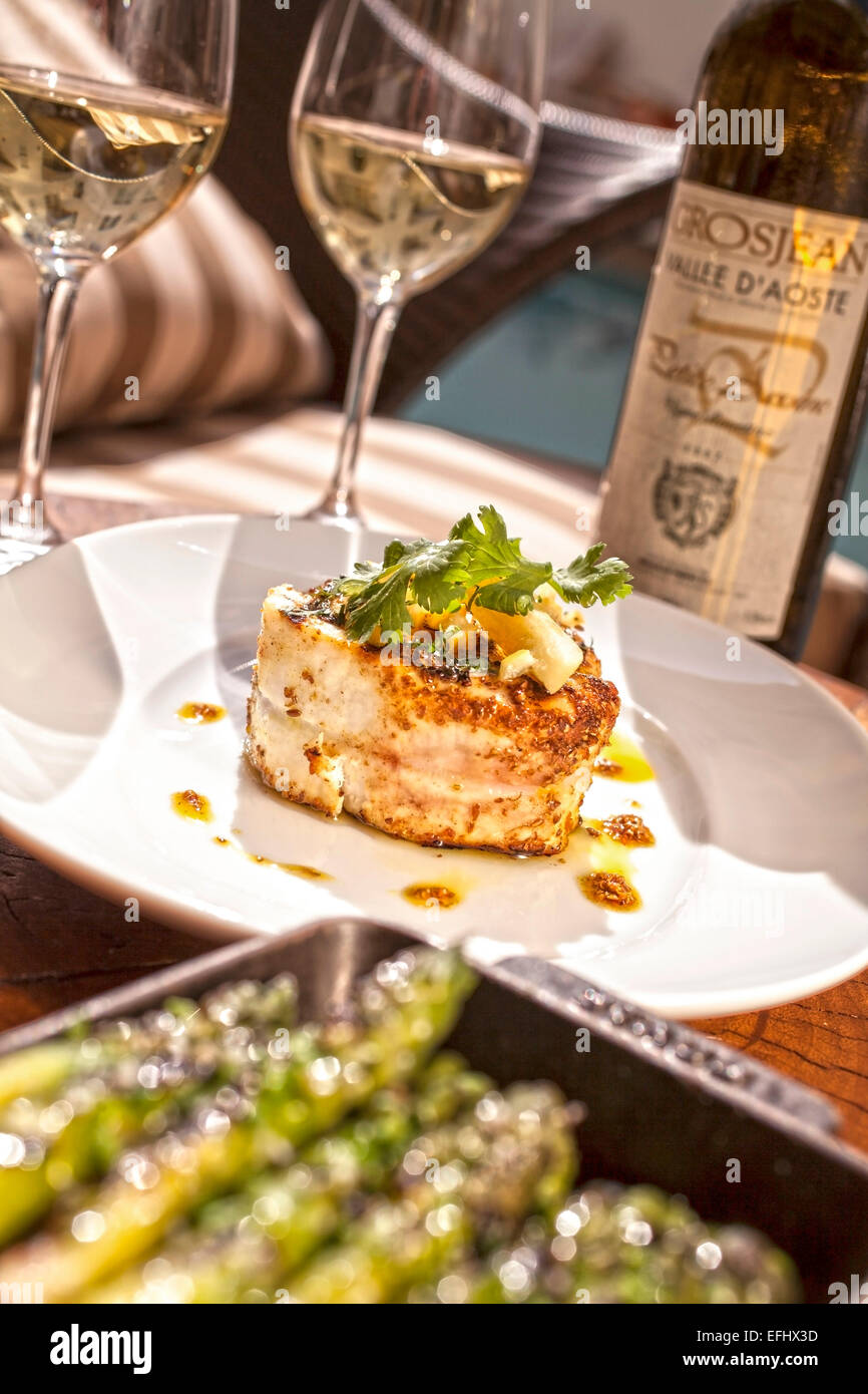 Spiced grilled swordfish with preserved lemon, coriander and olive oil dressing, Restaurant BLT Steak at Hotel The Betsy, Ocean Stock Photo