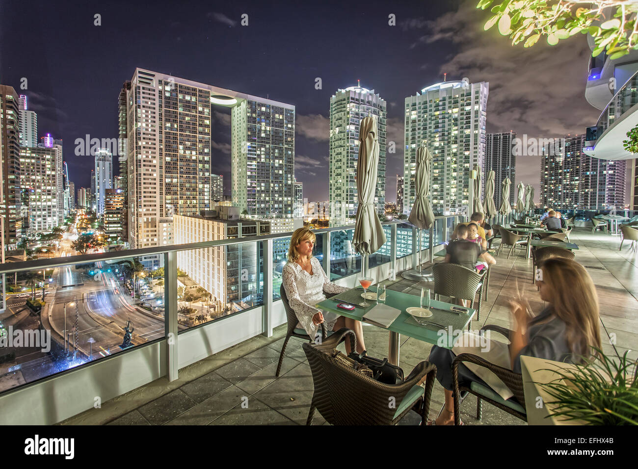 Terrace of gourmet restaurant Area 31 at hotel Epic, Downtown Miami, Miami, Florida, USA Stock Photo