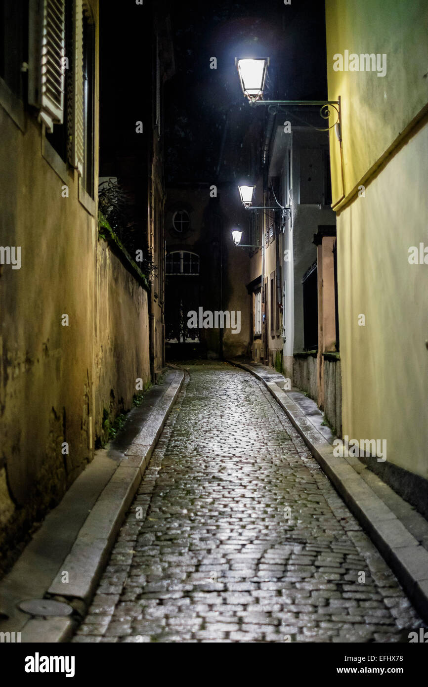 Cobbled Alleyway At Night Strasbourg Alsace France Europe Stock Photo Alamy