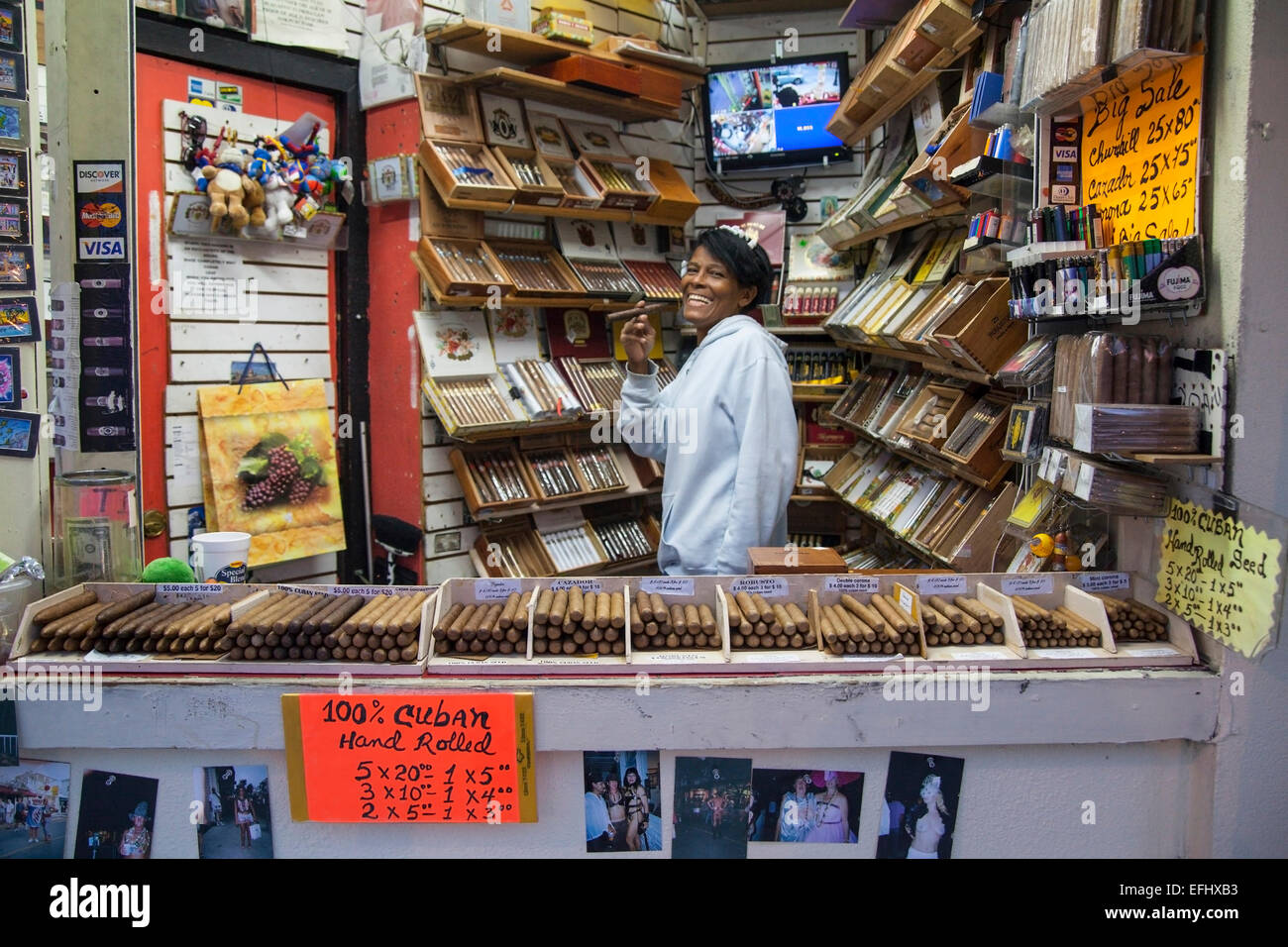 Woman selling cigars in a tobacco shop on Duval Street, Key West, Florida Keys, USA Stock Photo