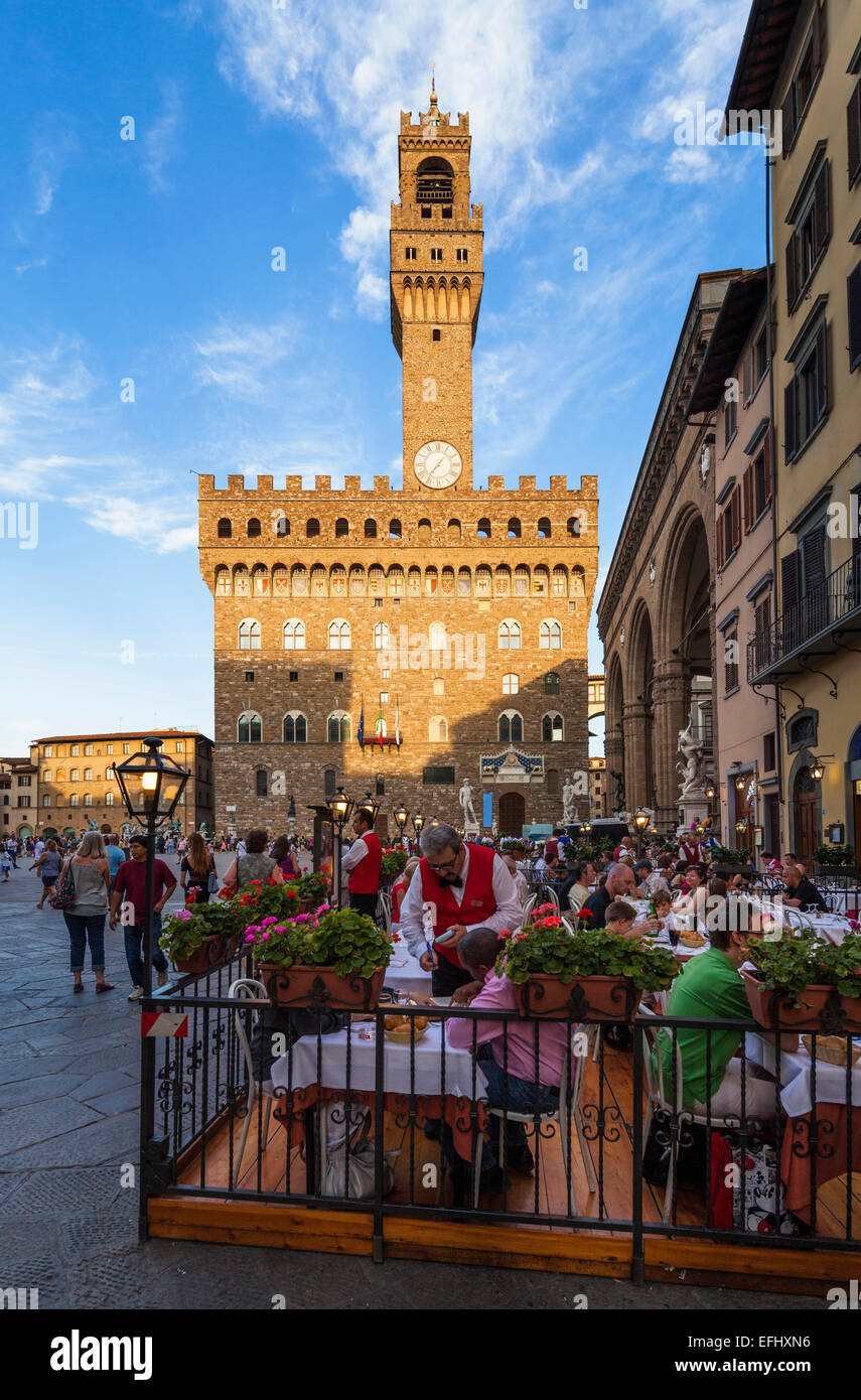 Restaurant in front of the Palazzo vecchio on Piazza della Signoria, Florence, Tuscany, Italy, Europe Stock Photo
