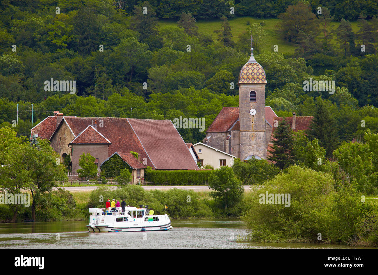 Houseboat in the Doubs-Rhine-Rhone-channel at Hyevre-Paroisse, Doubs, Region Franche-Comte, France, Europe Stock Photo