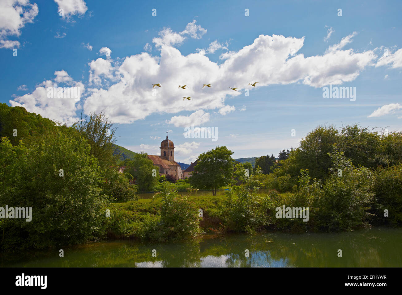 Houseboat in the Doubs-Rhine-Rhone-channel near Lock 48 Chaleze, Doubs, Region Franche-Comte, France, Europe Stock Photo