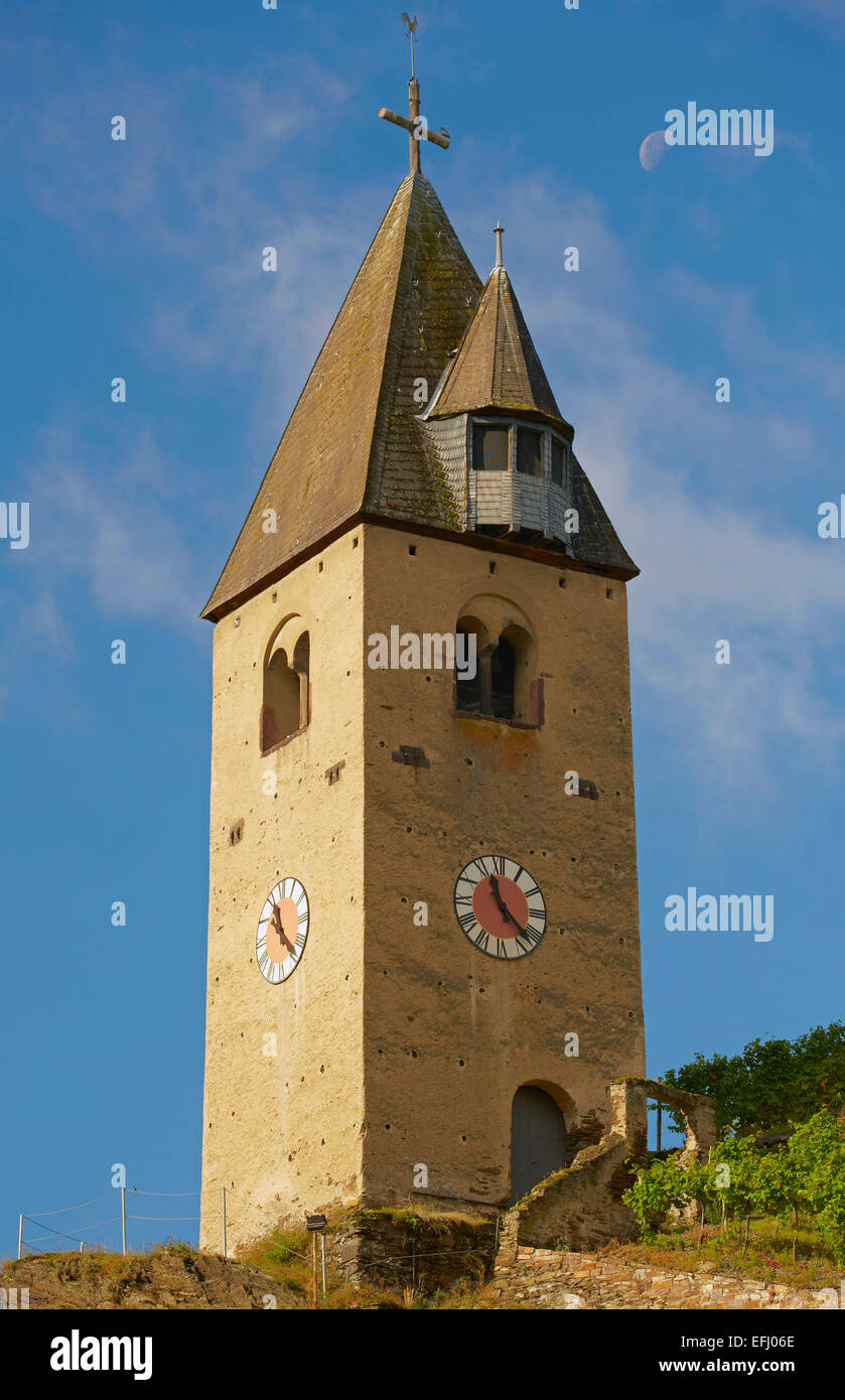 Bell tower with moon in the vineyards of Kobern-Gondorf, Mosel, Rhineland-Palatinate, Germany, Europe Stock Photo