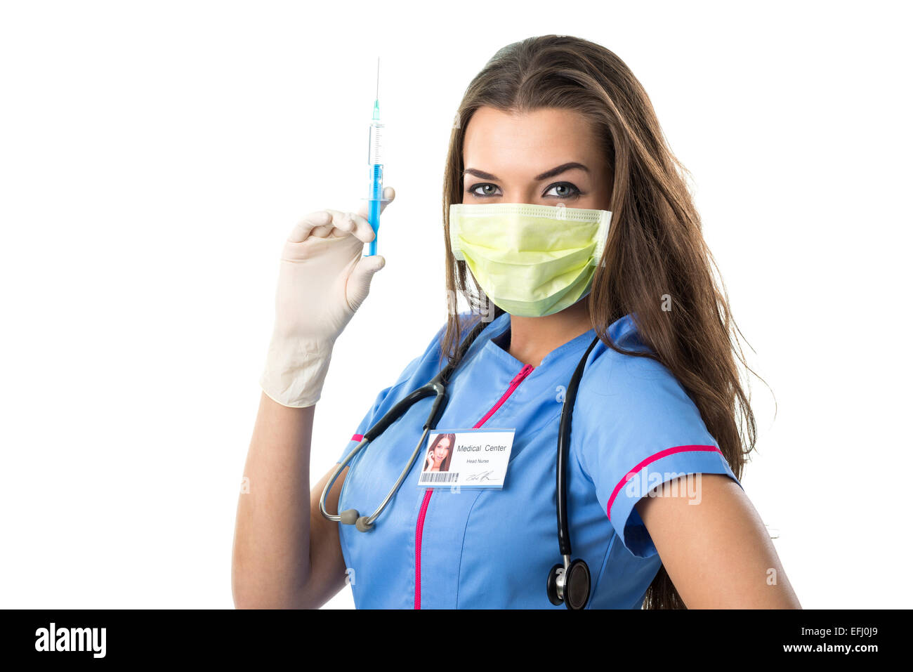 Young pretty nurse in mask mouth with injection, detail photo Stock Photo -  Alamy