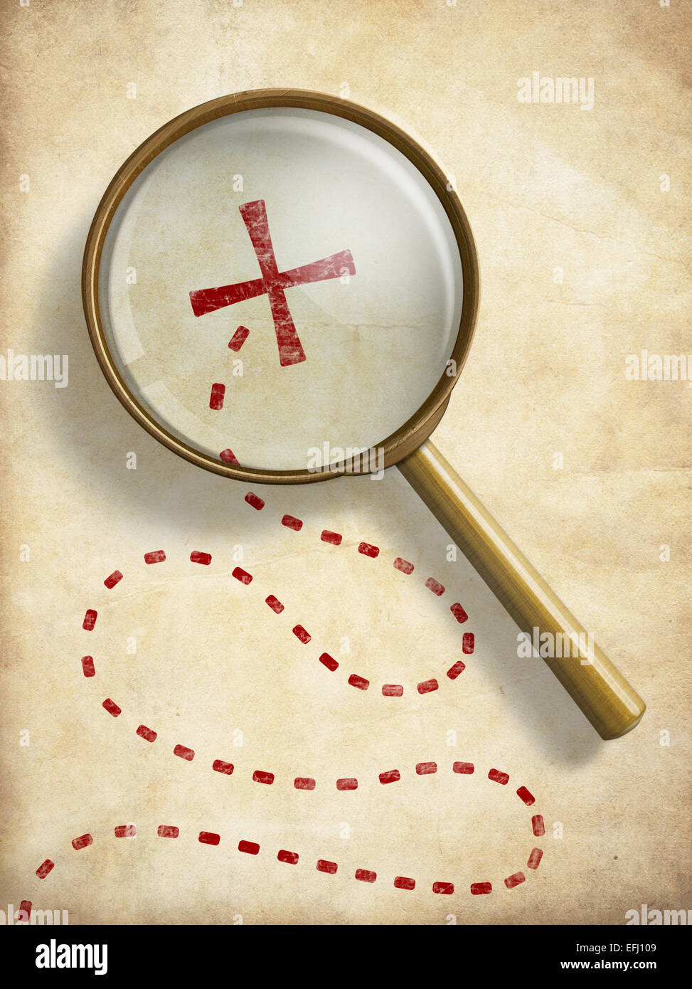 Pirates treasure old map with marked location and loupe. Searching concept. Stock Photo