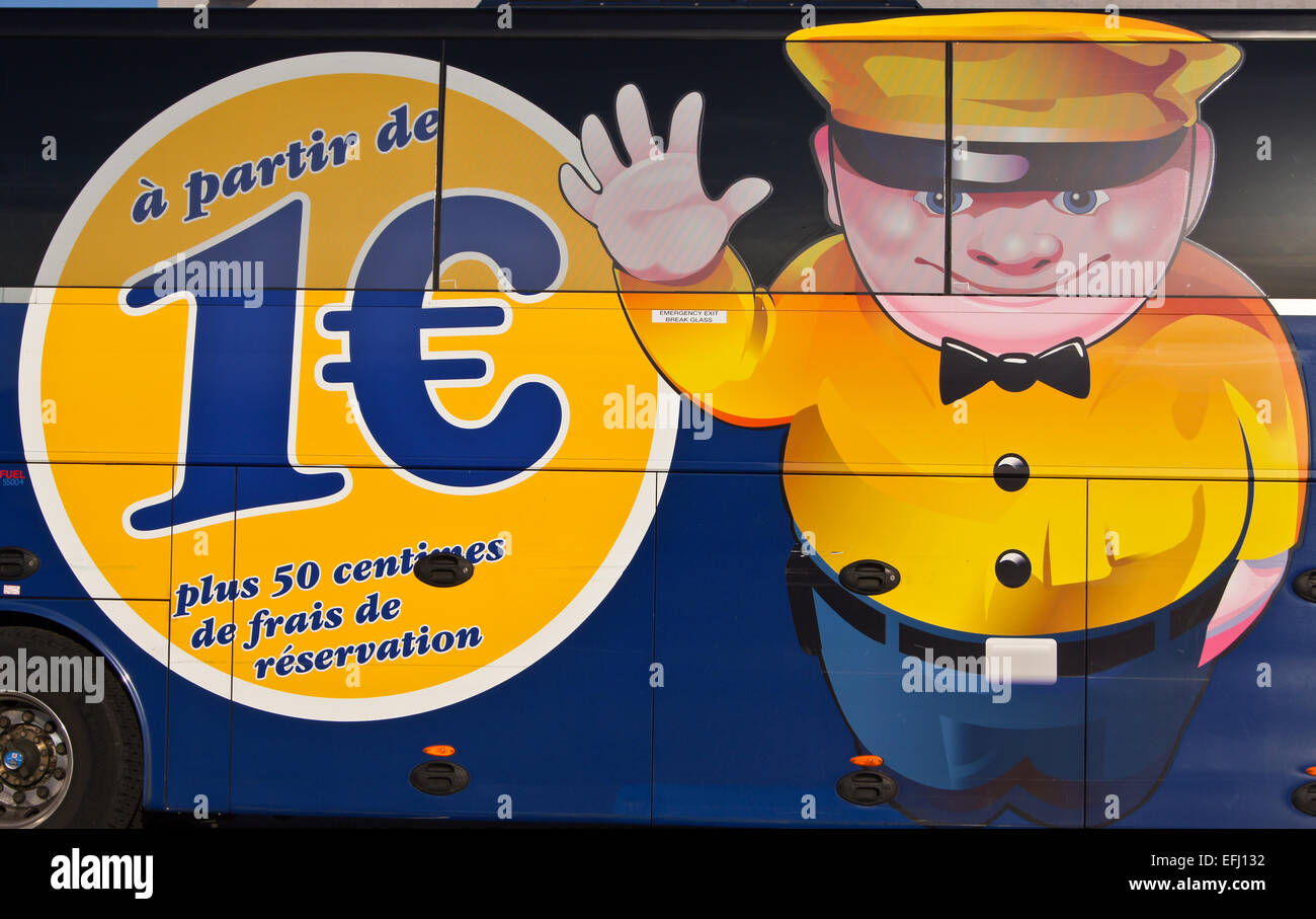Posters advertising €1 fares on a Megabus coach at Boulogne-sur mer, France Stock Photo
